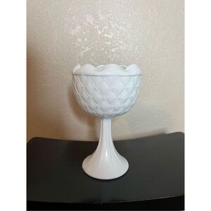 Vintage Indiana Glass Compote Quilted Cushion Duette Diamond Pattern Milk Glass